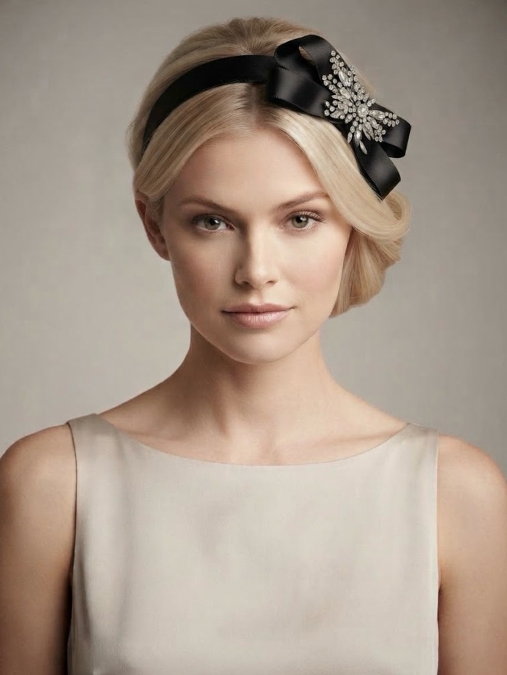 Jennifer Behr Black Ribbon Headband with Gunmetal
Crystal Spray